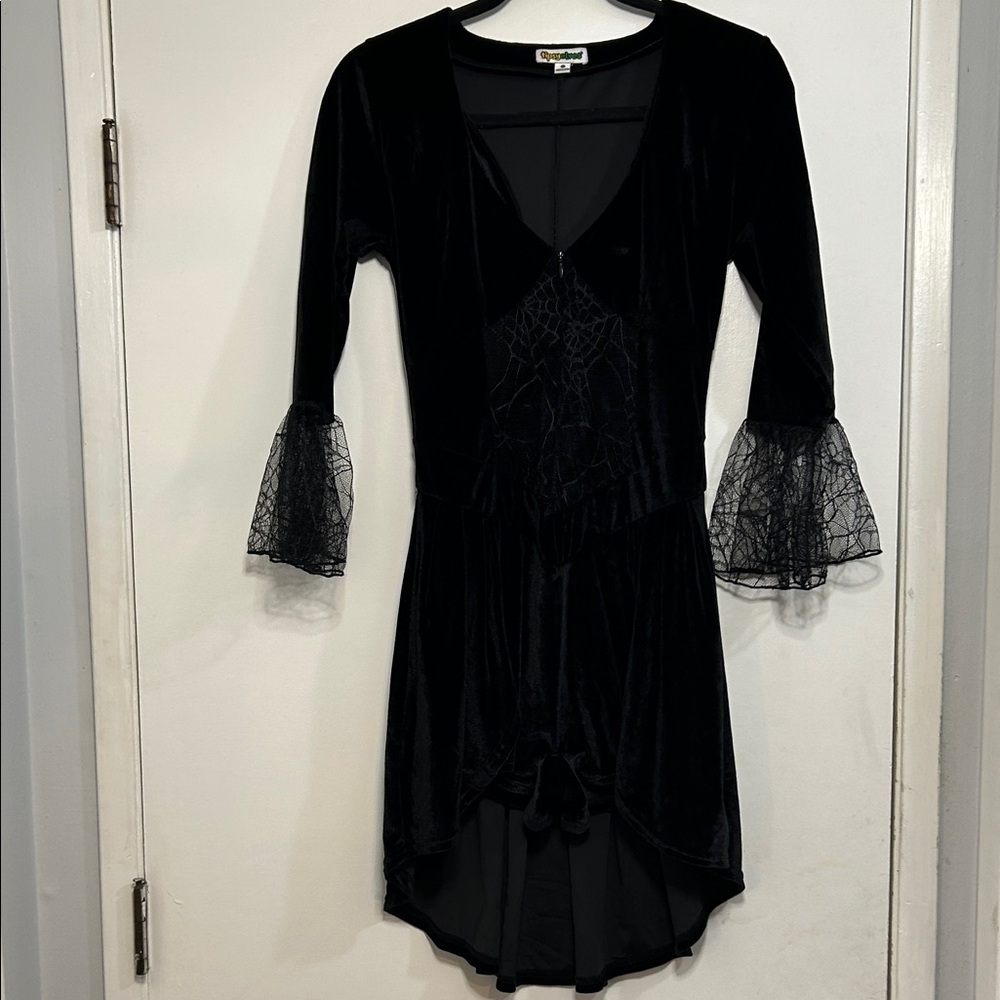 Tipsy Elves Black Velvet Witch Booty Short Romper with Lace Accents XS